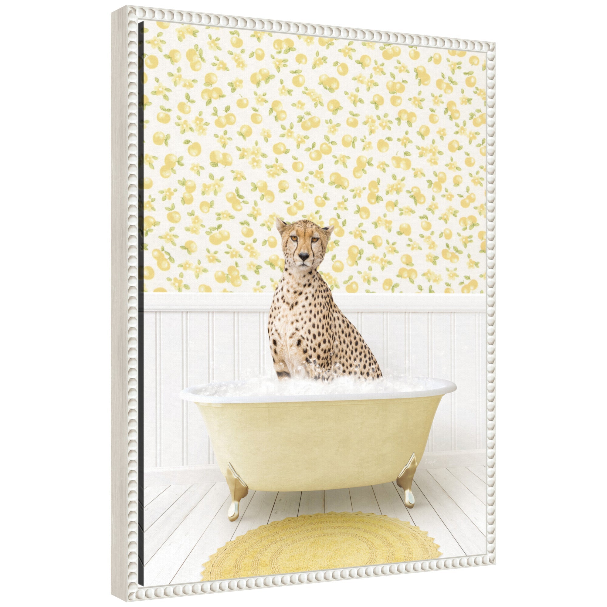 Framed canvas art featuring a cheetah reclining in a bright yellow bathtub in a cottage setting