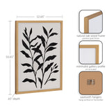 Framed black botanical silhouette print with varying leaf shapes, in a natural oak wood frame with a painted gold finish and minimalist gallery profile.