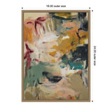 Abstract painting with broad brushstrokes in mustard yellow, teal, cream, and deep burgundy, framed in a light wooden frame, measuring 18 by 24 inches.
