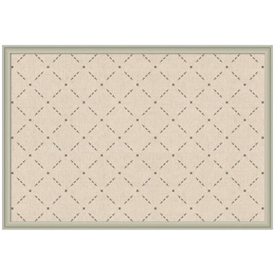 Pinboard with green lattice pattern on linen textile framed in medium brown wood