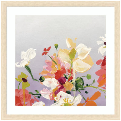 Framed Art Facing Each One by Emma Daisy showing pastel floral abstract in Woodgrain Stripe Blonde frame