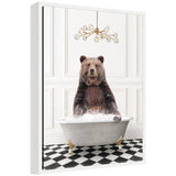 Framed canvas art of Sylvie Bear in gray bathtub on checkerboard floor