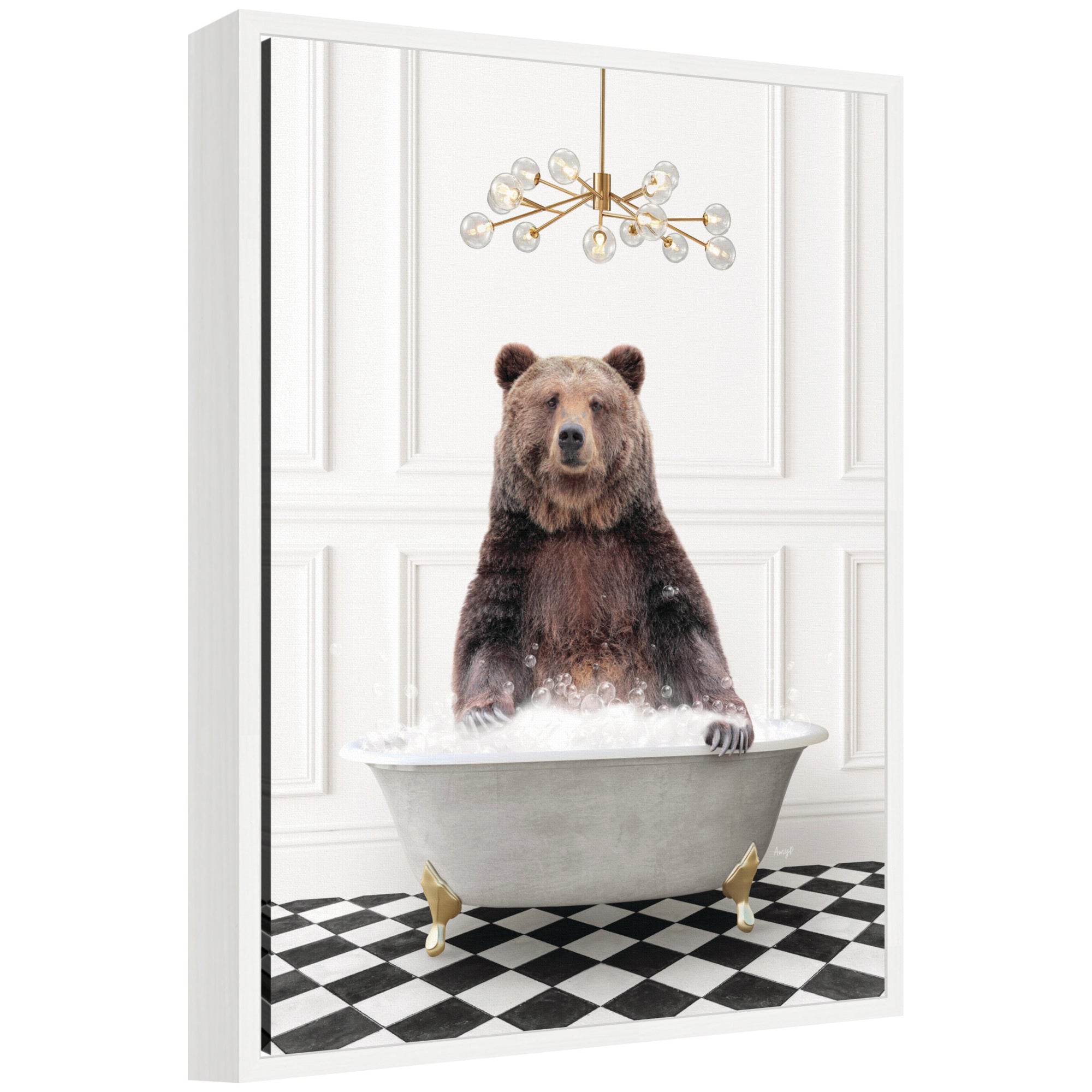 Framed canvas art of Sylvie Bear in gray bathtub on checkerboard floor