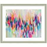 Abstract horizontal painting featuring vibrant vertical brushstrokes in pink, blue, orange, and lavender on a soft, light background, framed in muted silver.