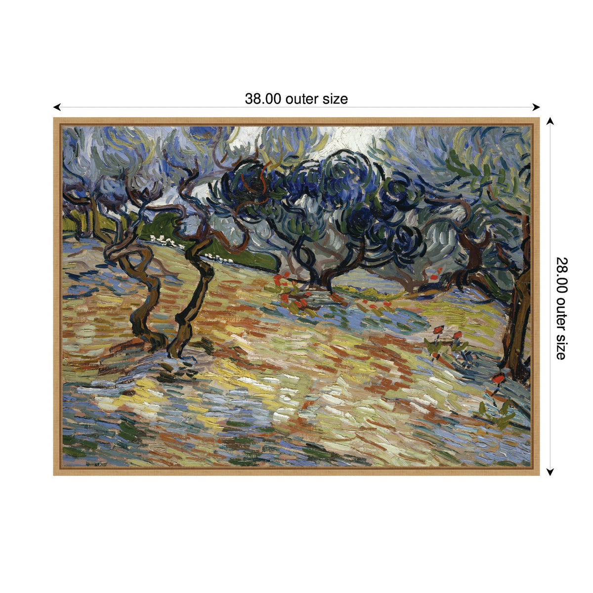 Vincent van Gogh's Olive Trees painting with twisting olive trunks and swirling blue-green foliage, framed in light wood measuring 38 by 28 inches.