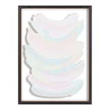 Abstract print featuring soft, curved brushstrokes in pale pastel hues including pink, blue, and yellow, framed in a thin black frame with wood accent.