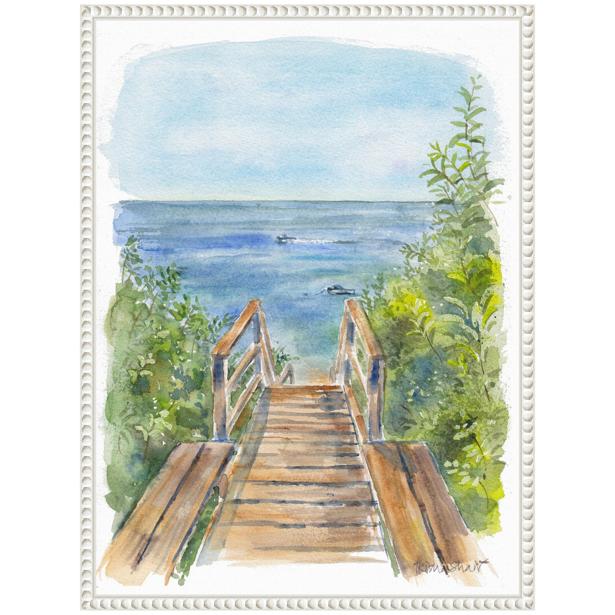 Watercolor painting of a wooden stairway descending toward a blue ocean, flanked by green leafy bushes, under a light blue sky with faint clouds.