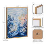 Framed underwater ocean landscape print with abstract coral in blues, pinks, and yellows, shown with natural oak frame and sawtooth hangers and dimensions