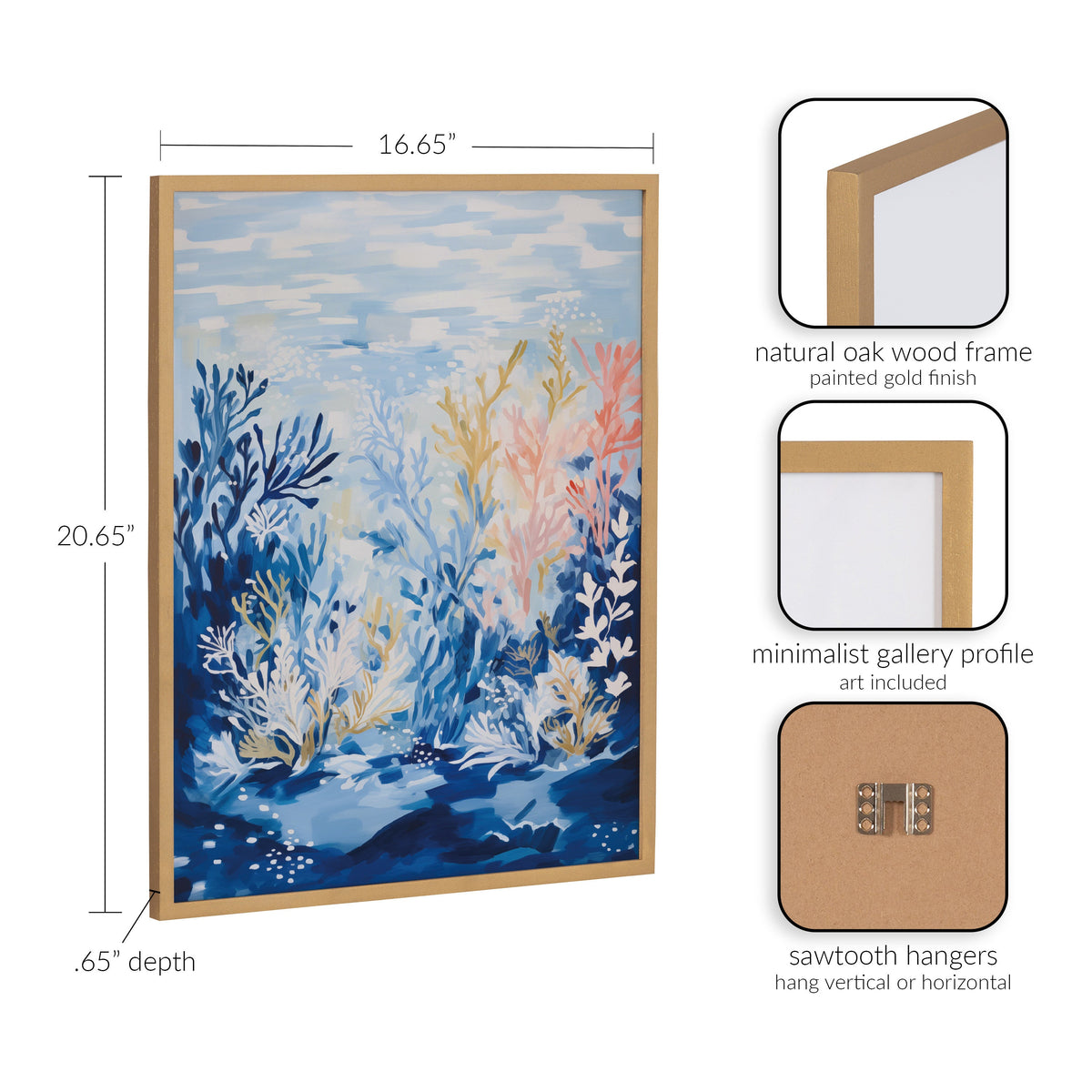 Framed underwater ocean landscape print with abstract coral in blues, pinks, and yellows, shown with natural oak frame and sawtooth hangers and dimensions