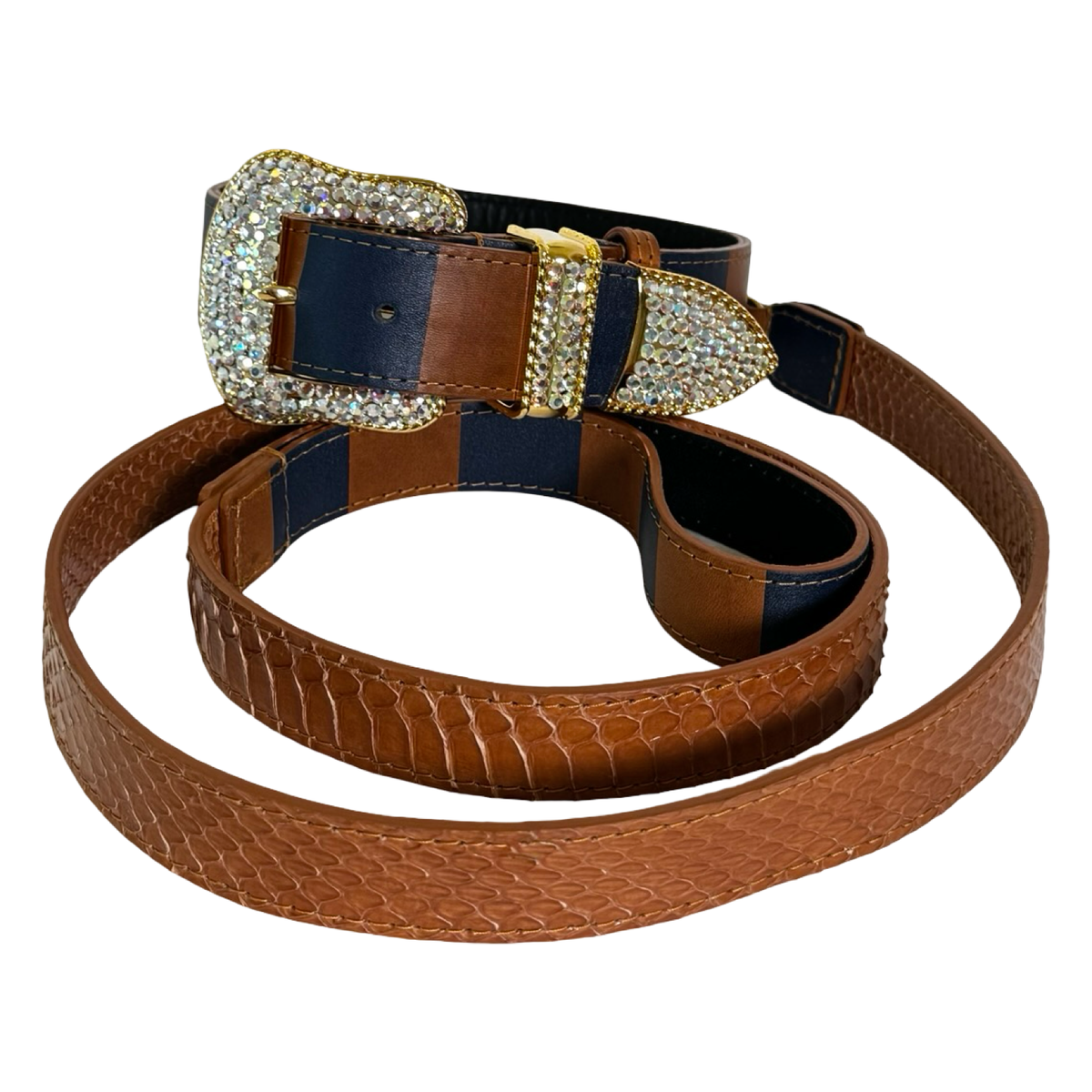 Brown textured leather collar and leash set with a gold buckle embellished with clear Swarovski crystals, featuring a matching crystal-adorned loop and tip detail.
