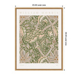Framed William Morris Windrush 1883 floral pattern poster with green background, beige and brown botanical elements, and a small bird centered in the design.