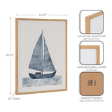 Framed nautical blue sailboat print with textured waves, set in a natural oak wood frame with light finish and minimalist gallery profile, featuring sawtooth hangers.