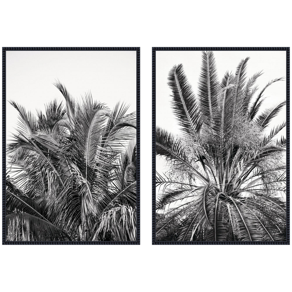 Two framed canvas prints titled Palms No.
13 and No.
15 by Alicia Bock featuring palm motifs in Sylvie Beaded frames.