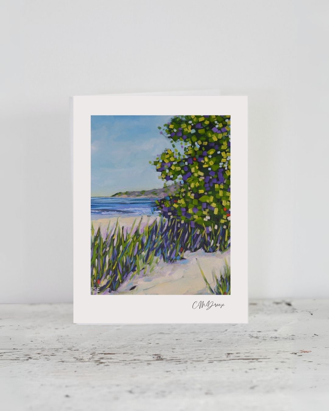 Notecard titled 'Live by the Currents' featuring coastal water artwork by Christi Dreese