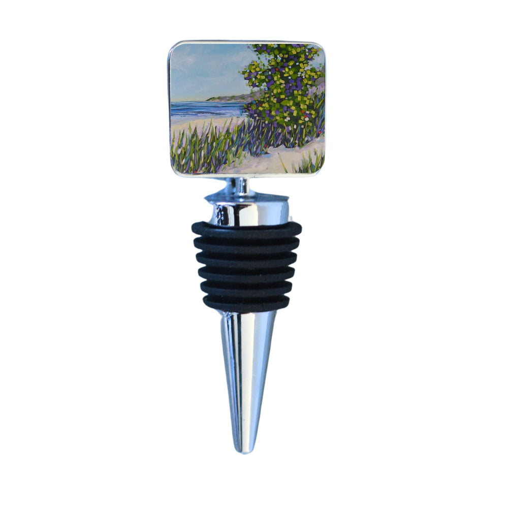Wine Bottle Stopper: Live by the Currents - Beach, Lake showing a detailed artistic decorative top with stainless steel base and silicone rings