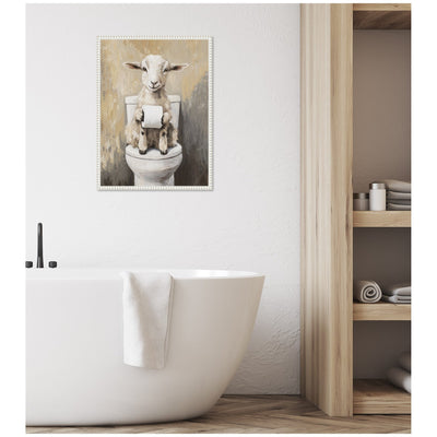 Sylvie Goat Holding Toilet Paper Roll Toilet Bathroom Art Framed Canvas by The Creative Bunch Studio