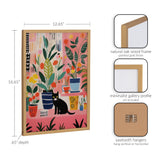 Colorful illustration of various potted houseplants with a black cat sitting in the foreground, framed in a natural oak wood frame with gold finish.