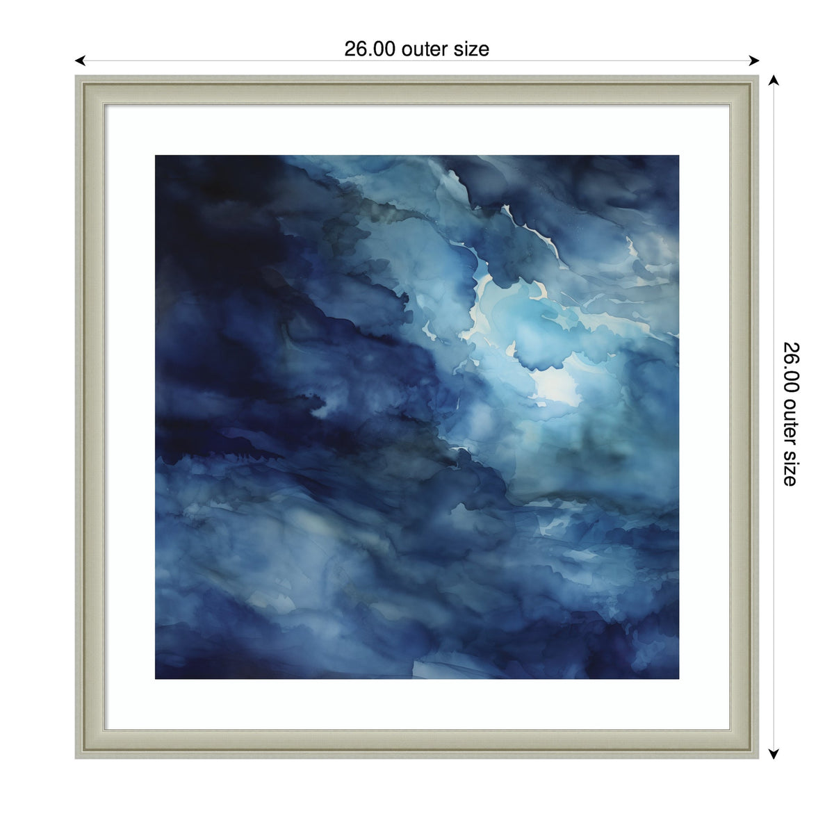 Abstract artwork with rich blues and subtle hints of white and black, creating a watery, cloud-like swirling effect in a square white frame.
