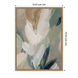 Abstract floral painting with soft, blended brushstrokes in white, beige, green, and blue tones within a simple wooden frame measuring 18 by 24 inches.