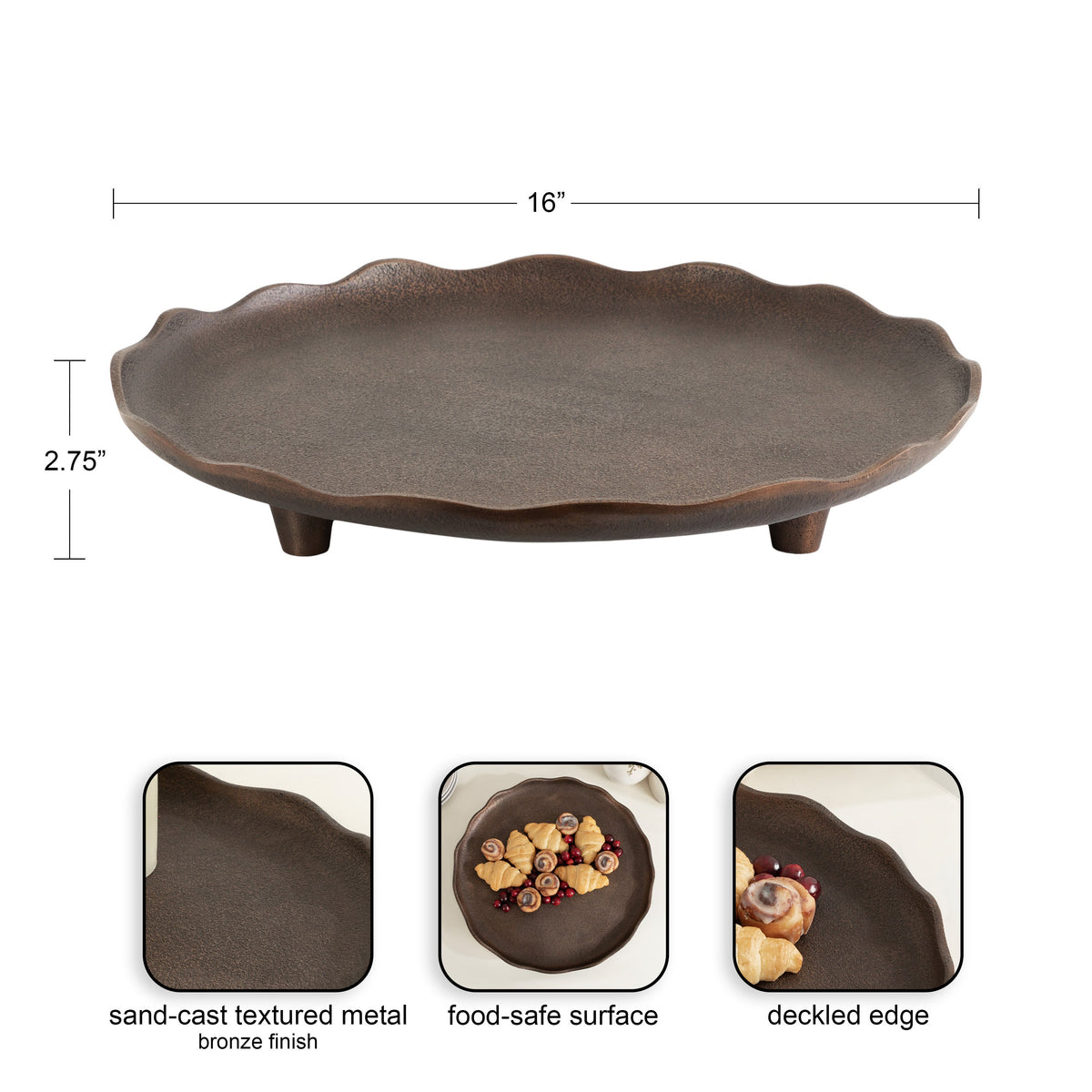 Bronze-finished decorative tray with a sand-cast textured surface and scalloped edge, measuring 16 inches wide and 2.75 inches tall, shown empty and with small snacks.