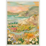 Framed canvas painting of a pastel-colored landscape with coastal hills and wildflowers in soft pinks, greens, and blues under a cloudy sky.