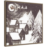 Sylvie framed canvas art depicting a snowy village at night with a glowing moon and reindeer sleigh