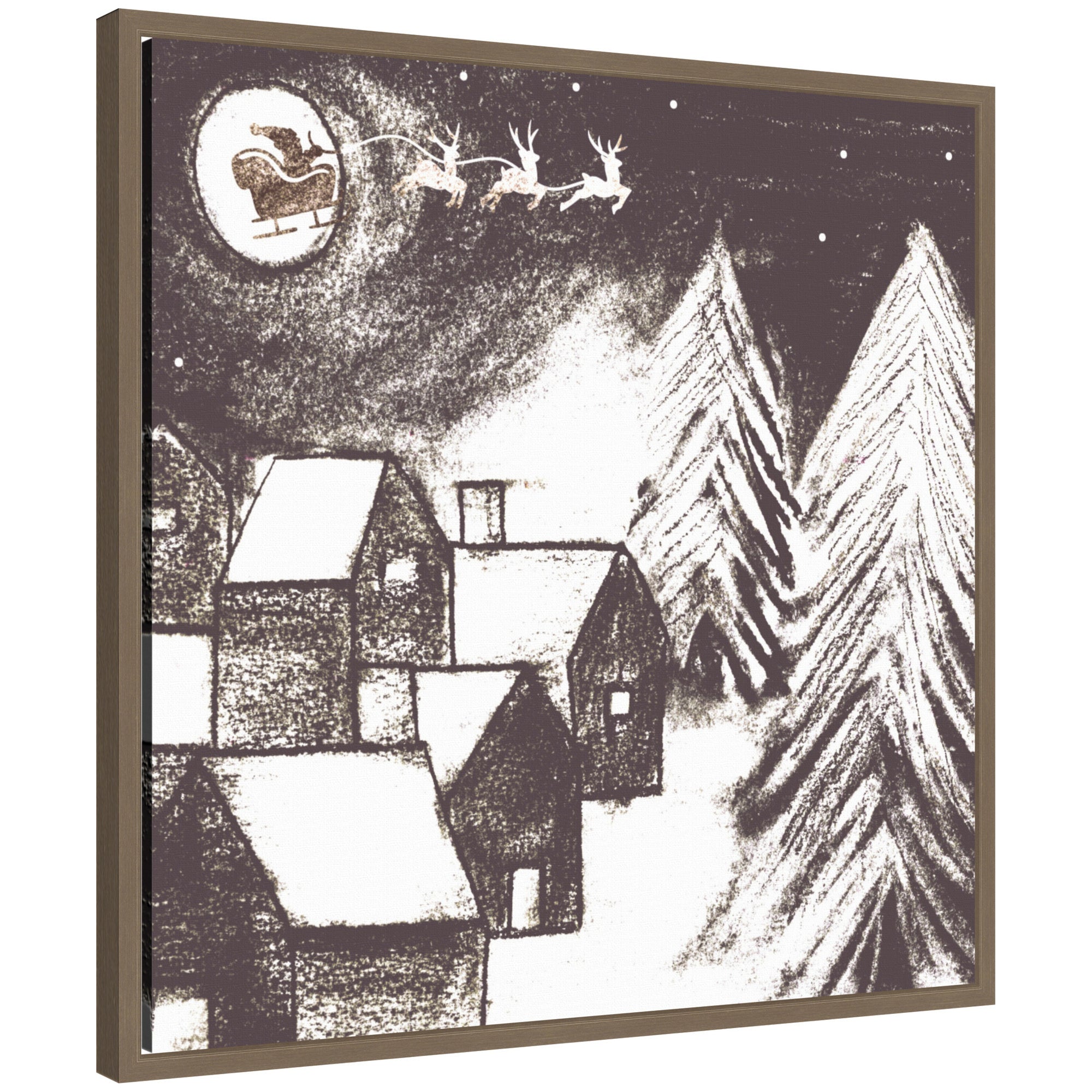 Sylvie framed canvas art depicting a snowy village at night with a glowing moon and reindeer sleigh