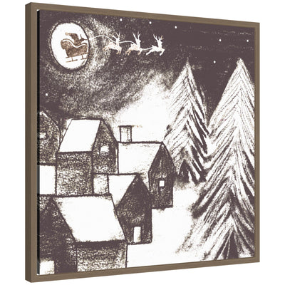 Sylvie framed canvas art depicting a snowy village at night with a glowing moon and reindeer sleigh
