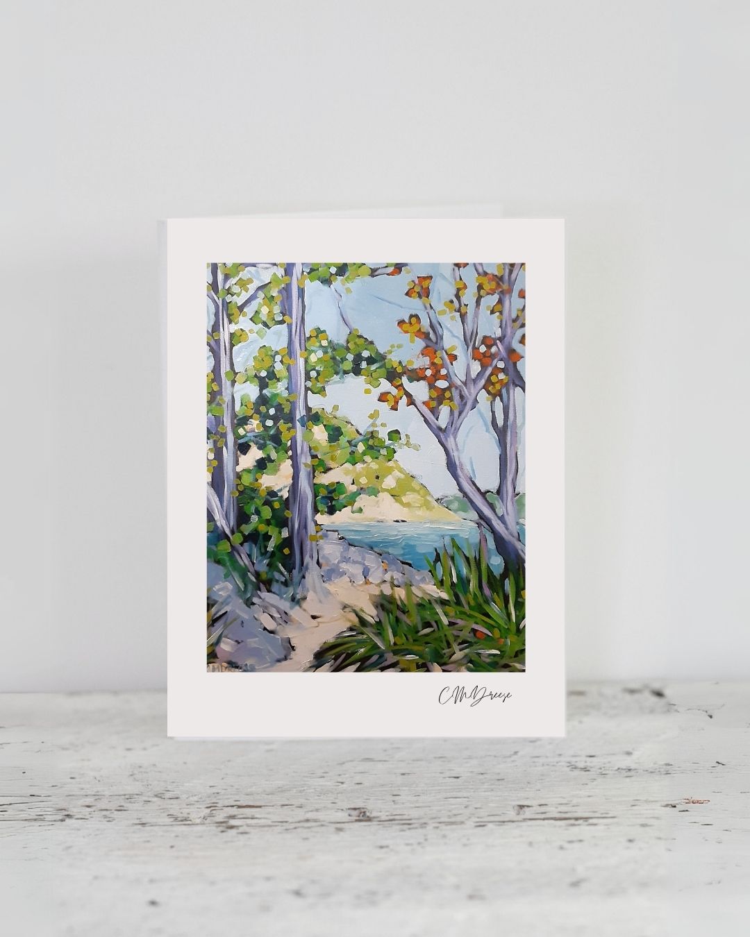 Notecard titled 'Walk Along the Lake' on heavy white linen textured paper with accompanying white envelope.