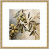 Art print of olive branches with green and yellow olives and elongated leaves against a soft beige and blue background, framed in a gold ornate frame.