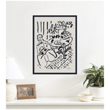 Black and white Henri Matisse-style line drawing of a seated girl next to a decorated round table with a plant, framed in black on a light wall above a white shelf.