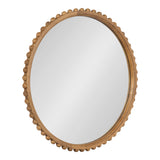 Round wall mirror with a light wood frame featuring evenly spaced spherical bead detailing around the edge, against a white background.