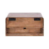 Natural wood Kato Floating Side Table viewed from the front, showing a smooth curved top and a recessed lower drawer panel with black metal hinges.