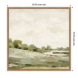 Impressionistic framed canvas print depicting a muted green and beige landscape with trees and textured brushstrokes under a pale, cloudy sky