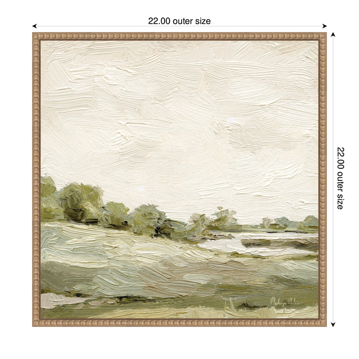 Impressionistic framed canvas print depicting a muted green and beige landscape with trees and textured brushstrokes under a pale, cloudy sky