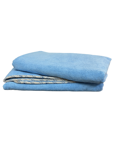 Two large 24 x 36 inch microfiber towels with piped edges, displayed flat and in use on aircraft surfaces