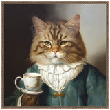 Portrait of a long-haired tabby cat wearing an 18th-century style teal coat and ruffled white collar, holding a delicate white and gold teacup and saucer.
