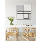 Minimalist dining room with light wood chairs and a white table, featuring a framed geometric Mondrian-style painting with gray, white, black lines, and a small red rectangle on the wall.