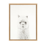 Framed canvas print of a detailed black-and-white drawing of a fluffy alpaca with long hair covering its eyes, centered on a white background.