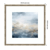 Abstract framed wall art featuring a blend of muted blues, grays, and beige tones creating a serene, oceanic atmosphere with soft, blurred brushstrokes.