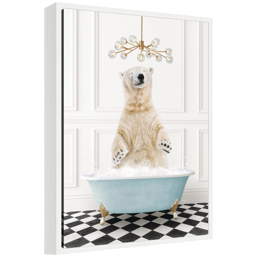 Framed canvas art showing Sylvie Polar Bear sitting in a blue bathtub on a black and white checker floor