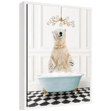 Framed canvas art showing Sylvie Polar Bear sitting in a blue bathtub on a black and white checker floor