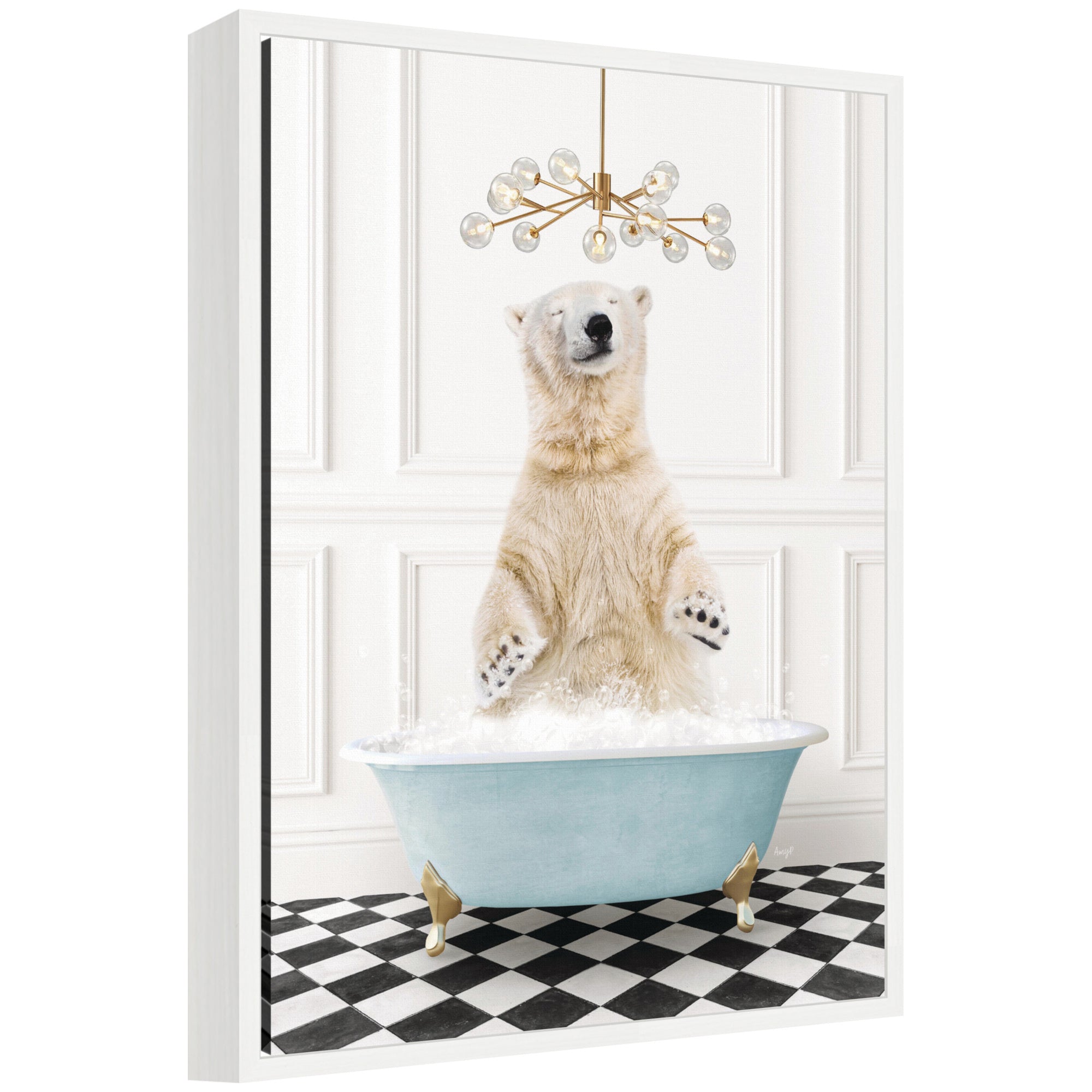Framed canvas art showing Sylvie Polar Bear sitting in a blue bathtub on a black and white checker floor