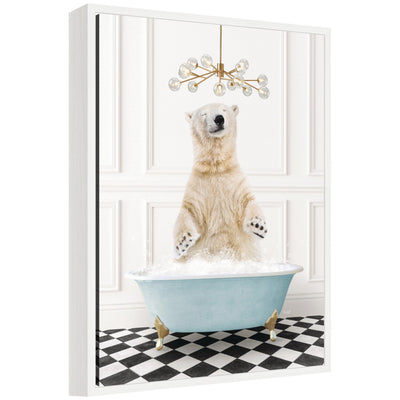 Framed canvas art showing Sylvie Polar Bear sitting in a blue bathtub on a black and white checker floor