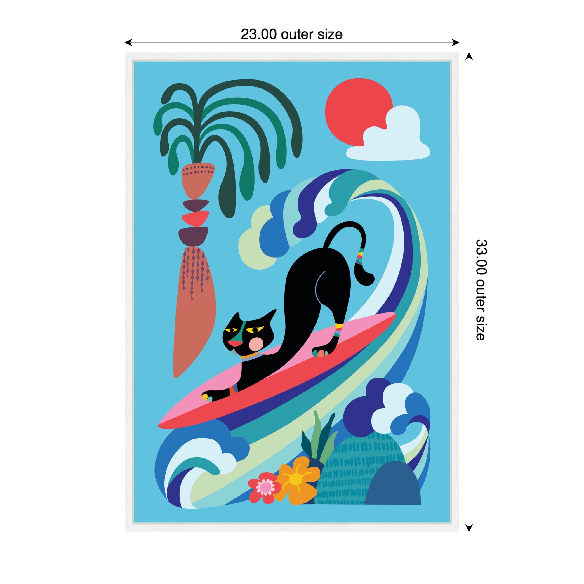 Sylvie Vibrant Whimsical Ocean Surf Cat Framed Canvas by Rachel Lee