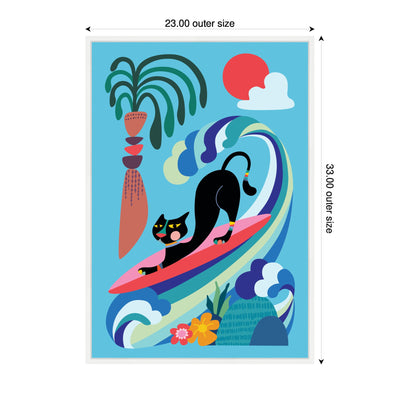 Sylvie Vibrant Whimsical Ocean Surf Cat Framed Canvas by Rachel Lee