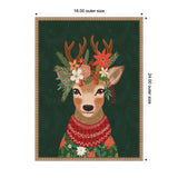 Portrait of a deer with brown antlers adorned with colorful flowers and greenery, wearing a red patterned sweater, set against a dark green leafy background.