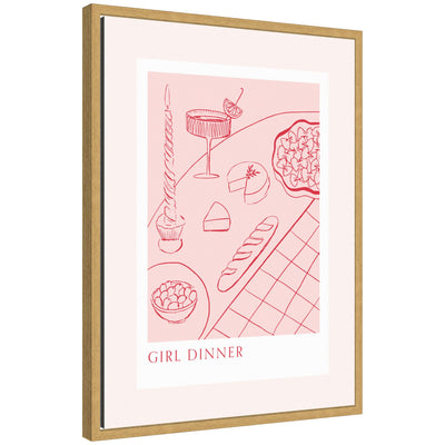 Girl Dinner by Aislinn Simmonds Duchess Plum framed canvas wall art print shown on beige wall above wooden table with clear glass and ceramic vase.