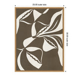 Abstract botanical canvas in brown and off-white with large stylized leaf shapes, framed and measuring 23 by 30 inches as shown by outer size arrows.