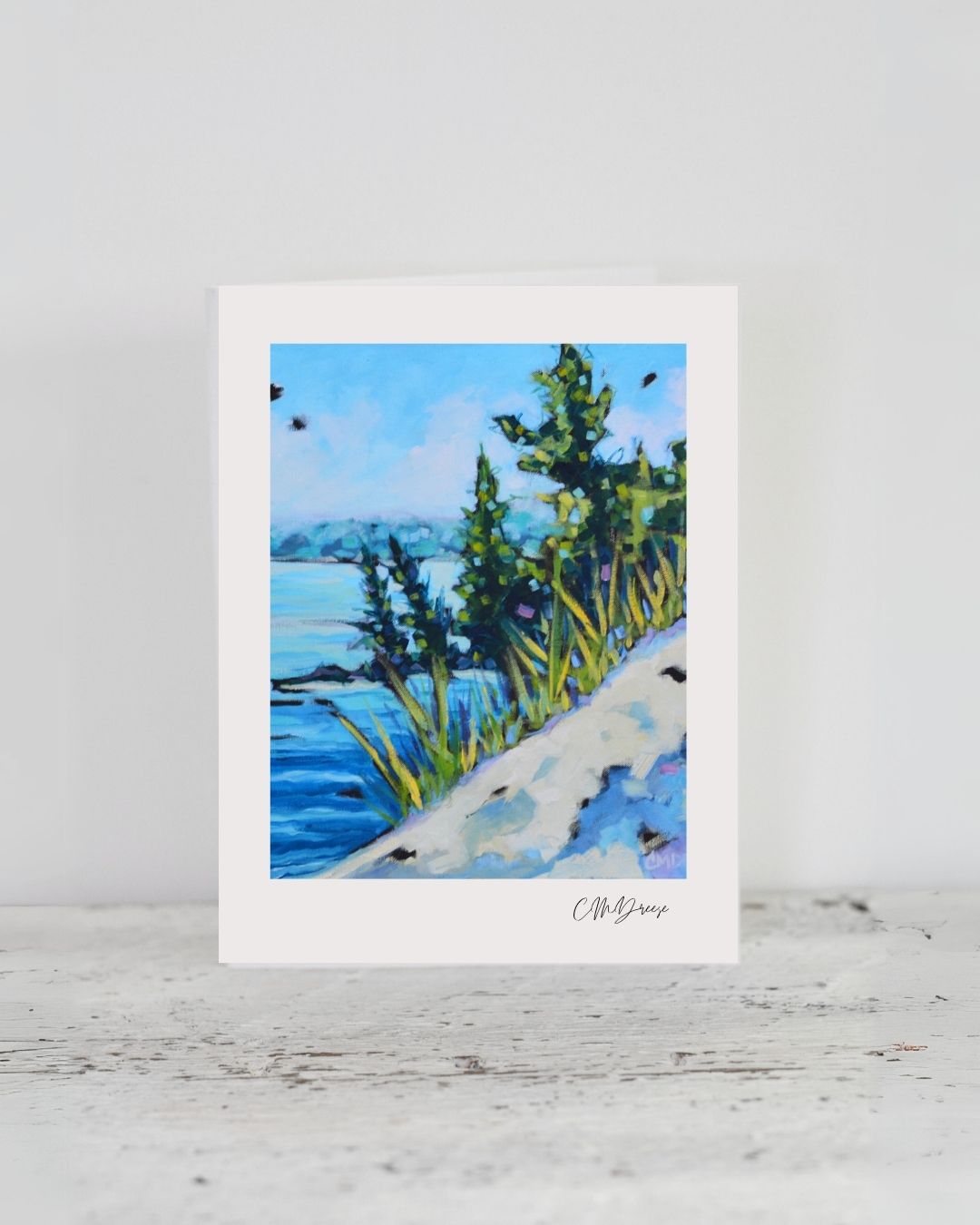 Notecard titled Serenity at the Lake by Dreese Fine Art featuring textured white linen paper and crisp envelope